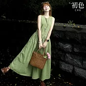 【初色】森林系圓領無袖條紋收腰中長連衣裙連身洋裝-綠色-14754(M-2XL可選) M 綠色