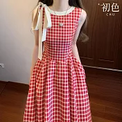 【初色】文藝透氣圓領無袖綁帶格紋連衣裙連身洋裝長裙-格子-14752(M-XL可選) M 格子