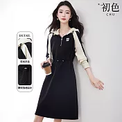 【初色】棉麻風撞色拼接連帽長袖收腰顯瘦中長連衣裙連身洋裝-黑色-15400(M-2XL可選) M 黑色