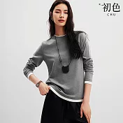 【初色】休閒風撞色假兩件長輕薄修身圓領袖T恤上衣女上衣-共3色-15401(M-2XL可選) 2XL 灰色