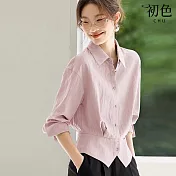 【初色】復古氣質韓系顯瘦翻領長袖襯衫上衣女上衣-15款任選-14952(M-2XL可選) XL A.粉色