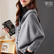 【初色】純色簡約連帽蝙蝠袖牛角釦寬鬆針織衫毛衣外套女外套-共4色-15475(F可選) F 深灰色