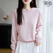 【初色】純色簡約休閒百搭寬鬆舒適保暖針織領長袖上衣女上衣-共5色-15362(F可選) F 粉紅色