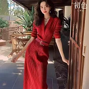 【初色】韓版純色V領收腰針織毛衣長袖連衣裙連身洋裝-共4色-15331(F可選) F 安哥拉紅