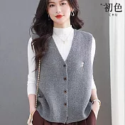 【初色】純色簡約刺繡針織毛衣V領無袖馬甲背心-共2色-15444(F可選) F 灰色