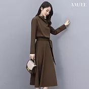【AMIEE】長袖洋裝中長A字裙(KDSQ-249) M 咖啡色