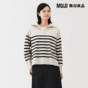 【MUJI 無印良品】女可水洗米蘭諾螺紋半拉鍊針織衫 L 柔白橫紋