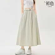 【初色】洋氣時髦純色輕薄透氣收腰修身垂順顯瘦大擺A字裙中長裙半身裙-共3色-15329(M-XL可選) M 杏色