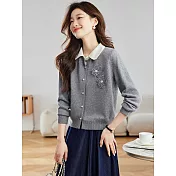 【MsMore】 立體花朵拼色翻領針織短款毛衣外套# 125545 FREE 灰色