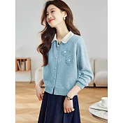 【MsMore】 立體花朵拼色翻領針織短款毛衣外套# 125545 FREE 藍色