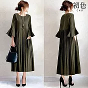 【初色】日系純色寬鬆圓領七分喇叭袖皺褶中長連衣裙連身洋裝長裙-綠色-15423(M/L可選) M 綠色