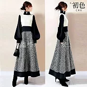【初色】優雅風拼接撞色高領長袖燈籠袖中長裙連衣裙連身洋裝-拼接格紋-15424(M/L可選) M 拼接格紋