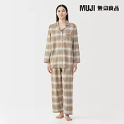 【MUJI 無印良品】女無側縫法蘭絨長袖家居睡衣 M 淡棕格紋