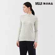 【MUJI 無印良品】女起毛針織半高領長袖T恤 M 柔白橫紋