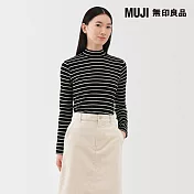 【MUJI 無印良品】女起毛針織半高領長袖T恤 M 黑橫紋