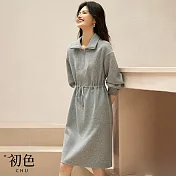 【初色】休閒風純色抽繩收腰POLO領落肩長袖中長衛衣連衣裙連身洋裝長洋裝-灰色-15503(M-2XL可選) M 灰色