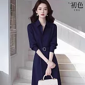 【初色】純色簡約翻領長袖收腰顯瘦襯衫裙中長裙連衣裙連身洋裝長裙-藍色-15504(M-2XL可選) M 藍色