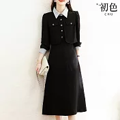 【初色】簡約撞色POLO領單排釦假兩件中長裙連衣裙連身洋裝-黑色-15548(M-2XL可選) M 黑色