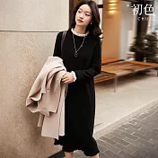 【初色】法式氣質風純色撞色拼接半高領長袖中長連衣裙連身洋裝-黑色-15556(F可選) F 黑色