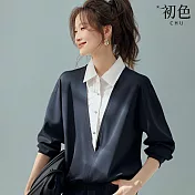 【初色】休閒簡約撞色拼接假兩件翻領襯衫長袖寬鬆衛衣上衣女上衣-藏青色-15522(M-2XL可選) M 藏青色