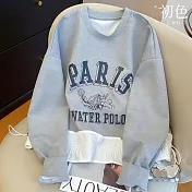 【初色】休閒簡約寬鬆百搭拼接木耳邊印花圓領長袖T恤上衣女上衣-灰色-15524(M-2XL可選) M 灰色