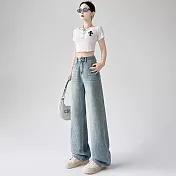 【MsMore】 超柔紗垂感牛仔褲寬鬆高腰垂感闊腿長褲# 125764 S 藍色