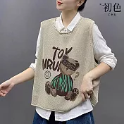 【初色】卡通印花減齡寬鬆無袖圓領針織背心女背心-共5色-15629(F可選) F 米色