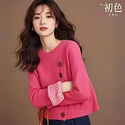 【初色】休閒純色圓領斜排釦長袖針織衫T恤上衣女上衣-共3色-15653(F可選) F 玫紅色