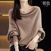 【初色】簡約純色一字領鬆弛感寬鬆長袖針織衫上衣女上衣-共5色-15573(F可選) F 駝色