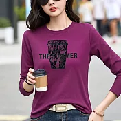 【MsMore】 長袖t恤韓版時尚百搭蕾絲杯印花上衣# 125715 M 紫色