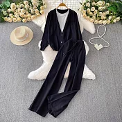 【MsMore】 假兩件拼接圓領長袖針織+高腰顯瘦直筒寬長褲2件式套裝# 125755 FREE 黑色