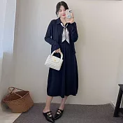 【MsMore】 法式絲巾POIO領針織2件式背心洋裝外套組# 126201 FREE 黑色