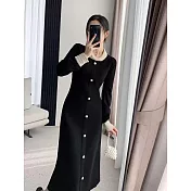 【MsMore】 珍珠黑色赫本風針織長袖顯瘦長版洋裝# 126206 FREE 黑色