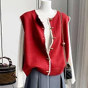 【MsMore】 撞色牛角扣寬鬆針織衫百搭背心毛衣上衣# 126211 FREE 紅色