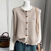 【MsMore】 撞色牛角扣寬鬆針織衫百搭背心毛衣上衣# 126211 FREE 棕色