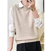 【MsMore】 圓領針織背心繡花毛衣百搭上衣# 126212 FREE 米白色