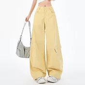 【MsMore】 美式復古辣妹彎刀褲百搭顯瘦多口袋休閒褲# 126237 S 黃色