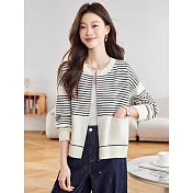 【MsMore】 慵懶風條紋毛衣外套長袖圓領針織# 126238 FREE 米白色