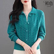 【初色】休閒風純色翻領長袖單排扣麻花針織開衫外套女外套-共5色-15606(F可選) F 綠色