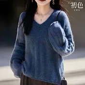 【初色】簡約純色寬鬆絨毛感V領長袖毛衣針織衫上衣女上衣-共4色-15607(F可選) F 藍色
