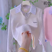 【初色】學院風條紋拼接翻領假兩件背心長袖襯衫毛衣寬鬆上衣女上衣-共3色-15695(F可選) F 杏色