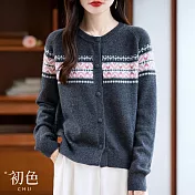 【初色】法式復古編織花紋圓領排扣長袖開衫毛衣寬鬆針織衫上衣女上衣-共2色-15689(F可選) F 深灰色