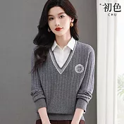 【初色】學院風拼接撞色假兩件翻領長袖針織衫上衣女上衣-共3色-15833(F可選) F 灰色