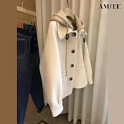 【AMIEE】針織連帽假兩件加厚上衣(KDTQ-202) M 米白色