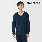 【MUJI 無印良品】男棉混羊毛保暖V領長袖T恤 S 暗藍