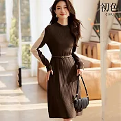 【初色】氣質通勤風撞色拼接辦高領長袖針織裙中長連衣裙連身洋裝-咖啡色-15705(F可選) F 咖啡色