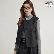 【初色】純色簡約百搭收腰排釦開岔圓領無袖馬甲背心女背心-灰色-15759(M-2XL可選) M 灰色