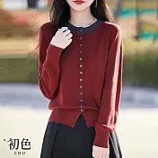 【初色】簡約寬鬆薄款拼色圓領排釦長袖針織衫上衣女上衣-共3色-15920(M-3XL可選) M 安哥拉紅色