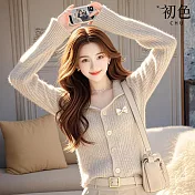【初色】純色翻領蝴蝶結長袖修身針織衫上衣女上衣-米杏色-15913(F可選) F 米杏色