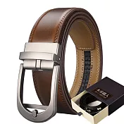 『本革職人』真皮 115cm,自動扣皮帶-品牌盒裝款  暮色經典復古皮革質感免鑽孔伸縮自動扣皮帶 -棕色